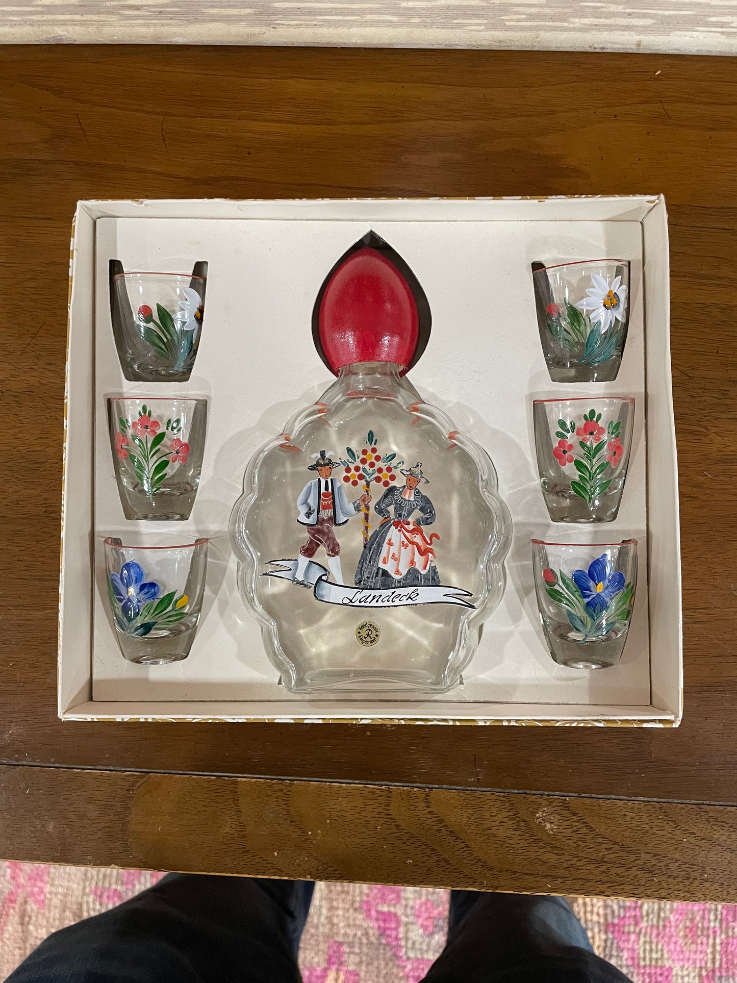 Hand painted Austrian decanter and shot glasses in original box vintage
