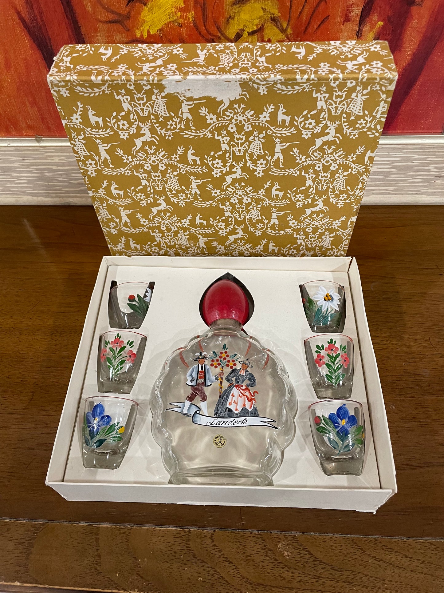 Hand painted Austrian decanter and shot glasses in original box vintage